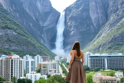 A modern city at the foot of the mountain. The entrance valley with a waterfall from a high rock. A beautiful lady in a top and midi skirt.