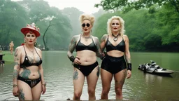 [photo by Evelyn Hofer] Tattooed Tank Girl and Madonna as middle age ladies wearing swimsuits caught in a heavy summer rain in central park, happy with no inhibitions