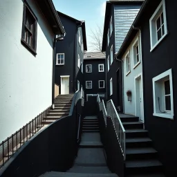 Fotografia di strada assurda e falsa orripilante blu weirdcore dai colori vivaci, liminalcore. Escher. Incubo. Confusione geometrica. Scale che scendono. Yves Tanguy. Non luogo falso, inusuale. Le case sono false e dipinte di nero chiaro con cose stilizzate e dettagli. Ci sono finestrelle false quadrate, che danno un senso distopico e molto surreale, disposte in modo casuale. L'atmosfera generale sembra noiosa e onirica, con un contrasto tra elementi reali ed elementi dipinti falsi, René Magritt