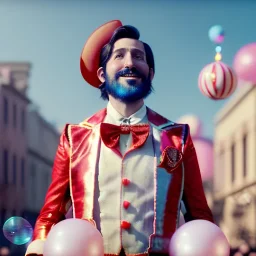 Ultra realistic circus scene. dancer man, waist up view, Wes Anderson style, happy, bubbles, party, confeti, highly detailed, concept art, unreal engine 5, god rays, ray tracing, RTX, lumen lighting, ultra detail, volumetric lighting, 3d, finely drawn, high definition, high resolution.