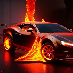 volumetric sweeping view of detailed shaded rendering of a car made of only molten lava, headlights, bumpers, whole car is lava