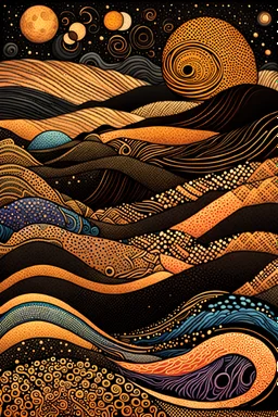 random color Zentangle patterns in the styles of Fumihiro Kato, Rebecca Vincent, Yayoi Kusama, Kiyoshi Awazu and Kay Nielsen that depict rolling hills and flowing rivers, cosmic swirls, dot painting, planets, black and gold