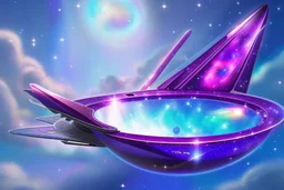 a cosmic beautiful DISH SPACESHIP made of crystals and light is flyng INA MAGIC BRIGHT SKY OF A GALAXY. IT IS PASSED BY A VERTICAL SHINE FROM TOP TO BOTTOM. IT'S FLYNG ON A FAIRY Landscape