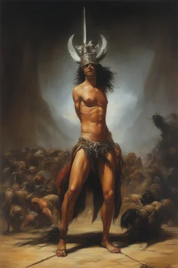 an extremely graphic depiction of a beheading, oil painting by Boris Vallejo