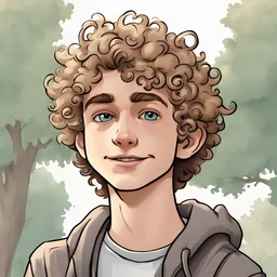 Cartoon of a White boy 18 years old with dark blonde curly hair