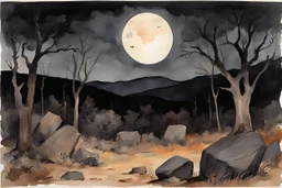 Night, mountains, rocks, dry trees, gothic horror films influence, winslow homer watercolor paintings