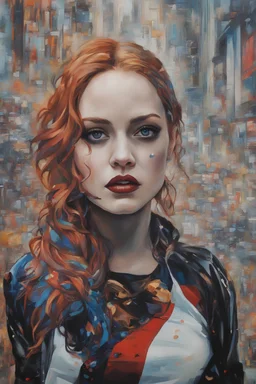 Harley Suicide Squad Pop Art psychology oil paiting In depth psychology display Gustav Klimt style artgerm style,Ginger hair Jennifer Lawrence dream, symptom, image in the background in the city artgerm display Gustav Klimt style artgerm display in the Barcelona the 2024th century oil paiting. and the city itself seemed like a big illusion, full of light and shadows. Barcelona city the 2024th century