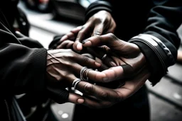 Interlaced hands blacks, white... on a background of city streets. photograph taken with Fuji XT-3 camera and 35 mm lens Real photograph. Photojournalism. Colour Photography