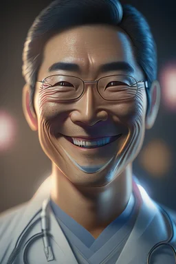 asian surgeon portrait smiling, scalpel pose, hyper-realistic, Meticulously intricate perfectly symmetrical extremely detailed, portrait, pixiv daily ranking, pixiv, extreme depth of field, artstation, spectacular details, volumetric lighting, masterpiece, cinematic, Hollywood production, 8k resolution, high definition, max octane render, vivid colors, max resolution, unreal engine , max perfectionism