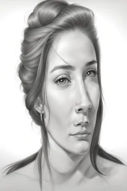 dibujo en grafito realista de rostro mujer 35 años pelo negro atado en cola de caballo tres cuartos perfil mira y sonrie plano tres cuartos perfil rasgos definidos labios definidos