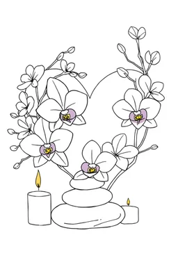 outline art for visually rich appealing heart shape orchids plumeria rounded stones candles, ikebana style, coloring page for kids, white background, fit to page, only use outline, clean line art, no shadows, clear and well outlined