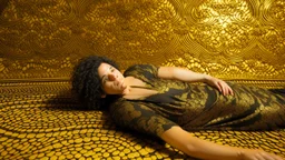 Woman lying on a golden ornate surface, with a patterned background