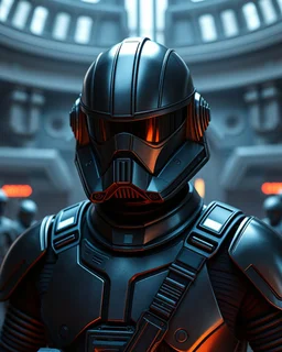 star wars bald male corellian pilot wearing pearlescent black and gunmetal grey First Order special forces heavy assault stealth commando armor and helmet with mirrored visor and gold and metallic red trim inside the jedi temple, hyperdetailed, dynamic lighting, hyperdetailed background, 8k resolution, volumetric lighting, light skin, fully symmetric details