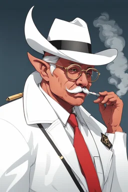 An old very red crimson devil wearing a white and gold police comisioner outfit, he is also wearing glasses, he has a white scruffy mustache, and a small black fedora, he is also smoking a cig.