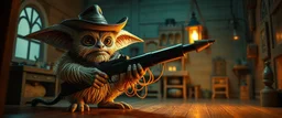 air brush 3d with pen outline,spaghetti gunslinger western fluffy elder gremlin edgy hero, shallow depth of field, warm lantern, pin hole cam in doll house, bottom floor board edge border