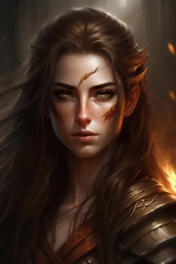 Portrait of a fantasy elf, Warrior, fiery look, long Brown hair
