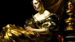 Interpretation of Velazquez's Venus, reclining female figure of ideal beauty, fabrics rich in textures and dramatic folds, mirror revealing the face in an enigmatic reflection, luminous skin treated with classical technique, elegant and serene pose, lateral light characteristic of the Baroque, palatial atmosphere of the Golden Age