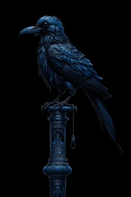 on an old black lamppost, a blue crow is sitting,a golden greenish suspension,diamond dust, on a black background, macrodetalization, carved,filigree drawing of a drawing,fiction,surrealism, hyperdetalization, aesthetically pleasing, beautiful,ink and colored marker drawing, sharpness,1024 k, octane, depth of field