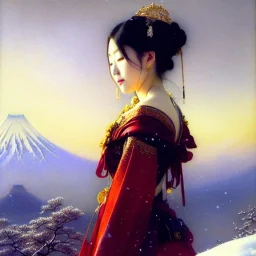 portrait beautiful face japanese Gheisha,window,busty,japanese garden,snow,cherry trees,mountains,ancient leather armor, balanciaga fashion clothe painting by gaston bussiere, greg rutkowski, yoji shinkawa, yoshitaka amano, tsutomu nihei, donato giancola, tim hildebrandt, oil on canvas, cinematic composition, extreme detail,fit full head inside picture,16k