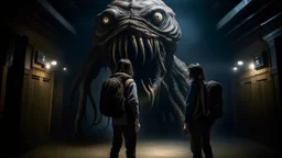 شخص واقف امام وحش مخيف للسفر عبر الزمن الشخص ينضر الا الوحش المخيف ولجو مخيف ومضلم