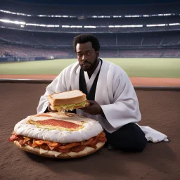 In the center of the frame, the Priest of the Red Redemption lies back against several soft, disheveled pillows in a desolate municipal baseball stadium during twilight. He holds a large, handmade, multi-layered sandwich (crusty sourdough, turkey, melting cheese) poised for a bite. An unlit cigarette dangles from his lips as he clutches a crumpled black-and-white photograph close to his chest—a psychedelic tape infinite loop dance playing in a raw 35mm fisheye perspective. One hand covers his ey
