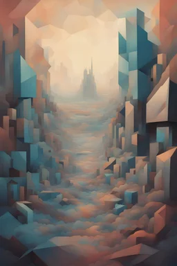 Create a unique digital cubist art painting depicting a landscape made of overlapping geometric planes and shapes in muted color hues reminiscent of works Beksinski