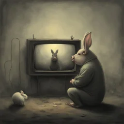 pig watching a tv with a rabbit playing music beksinski style