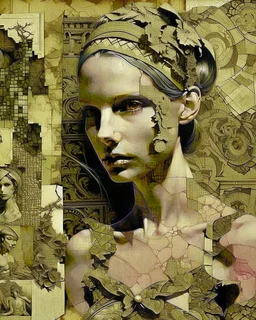 prompt: In the old-time collage, a beautiful sensual woman with twintails appears as a manifestation of non-linear time. Her beauty blends with shadows of the past, fragments of ancient fabrics, and sepia photographs to form a captivating multidimensional narrative. The unique harmony of beauty and destruction, mystery and reality, produces a fantastic, stunning, and unique work, revealing a layered story of time, memory, and eternal love.