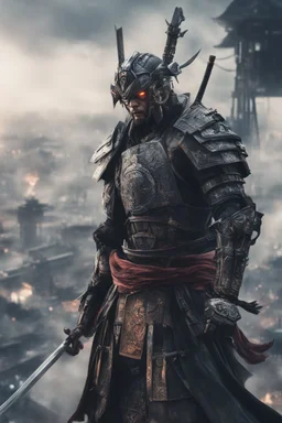 close up of a cybernetic samurai standing on the top of a building, looking down, chaos and smoke background, 8k, highly detailed and realistic