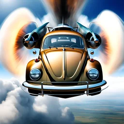 a high definition screen shot of a jet-fighter vw-beetle, retrofuturistic, phototrealism, in flight, one subject, should have wings with atleast one exposed jet on each wint or one coming throught thr front and center of the vehicle.