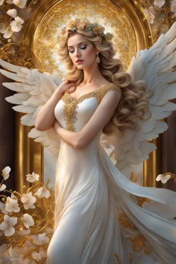 Photography realistic Beautiful Angel wearing a magical gown of swirly flowing marble water gold filigree curlicues, flowering flowers, bloom, sparkle, ornamental gilt, diamonds, rubies, emeralds, sapphires, beautiful, delicate, intricate, elegant, graceful, shiny, Hyperrealism, Rococo, expressive, spherical, zoom out, volumetric lighting