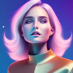 A portrait very beautiful woman ,smiling,laughting, longs hairs white ,elegant, atmospheric, realistic, cinematic lighting, pink blue light, 8k, galactic atmosphere, flowers, jewels gold