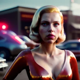 Ultra Realistic retro sci-fi afire Supermarket parking scene, 1960 year, blonde woman, sweet scarlet Johansson face, perfect iris, glow eyes, face makeup, tight latex coat; many panic people looking, Retro sci-fi style, soft color, highly detailed, unreal engine 5, ray tracing, RTX, lumen lighting, ultra detail, volumetric lighting, 3d, finely drawn, high definition, high resolution.