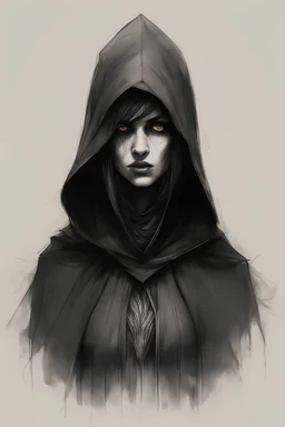 a monstrous black-robed hooded woman, small, divergent eyes, sketchdrawing by Keith Thompson