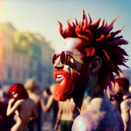 Ultra Realistic photo, medium shot view, drunken dancer naked man, carnival scene, monster hair, steampunk. Red hair, confeti, Sunglasses, smile, happy, festival, ovnis, gradient color fog. highly detailed, concept art, unreal engine 5, ray tracing, RTX, lumen lighting, ultra detail, volumetric lighting, 3d, finely drawn, high definition, high resolution.