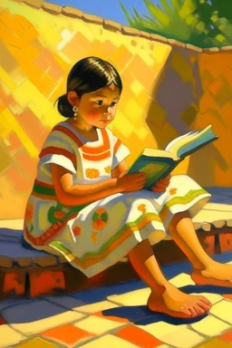 mexican child reading a book sitting down painting neoclassism whole body zoom the sun young