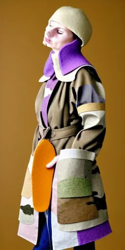  Camouflage colors are terracotta, cream and purple, lilac. Cream latex gaiter.European blonde woman. Mantle is sewed of recycled Denim and sewed together of recycled polymer felt. Yellow(Munsell). hint of orange as effect color!!Big bright purple/khaki felt tippet and cream or blue or lilac colored-hood. mantle is merged with satchel. . AKG-style headphones (gold rings!) is merged with small felt cap with small visor. Style: Haute Couture in 1998