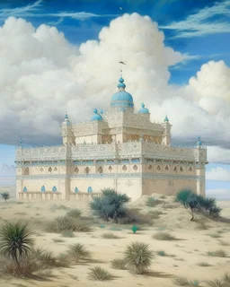 A white Arabian palace in the cloudy sky designed in Navajo baskets painted by Edouard Manet