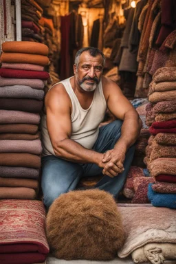 close up photography of a burly beefy strong 49-year-old Turk in Istanbul bazaar, shirtless, selling carpets sitting on a pile of carpets, biig shoulders, manly chest, very hairy, side light,