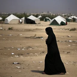 A Palestinian woman wearing the Palestinian dress carries her dead son as she screams and cries at night, with explosions in refugee tents behind her.