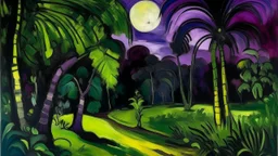 A blackish purple arid woods with glowing eyes painted by Paul Gauguin