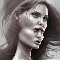 angelina jolie, long black hair, perception of mortality, loose morals, angry at society, disappointed by life, Unreal Engine 5, highly detailed, highest quality, digital painting, complex 3d render, unreal engine render, insane detail, intricate photograph quality, magnificent, majestic, highly intricate, Realistic photography, grand hall, wicked throne, holding scepter, crown of barbwire, dark color palette, metallic, highly detailed, highest quality, digital painting