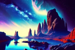 Rocky alien landscape with cliff, river, galaxy, sci-fi, epic