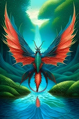 Create a realistic image of this image as a dragon in a forest with a pond.