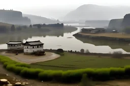 Im Vordergrund ein Trampelpfad in einer kargen grauen Karstlandschaft mit wenigen Nadelbäumen, im Mittelgrund ein breiter Fluss, weit im Hintergrund, etwas verdeckt von Nebel ein kleines bronzezeitliches Dorf aus niedrigen Lehmhäusern mit Flachdächern vor bewaldeten Bergen aus grauem Gestein