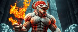 ogre fire cowboy brilliant detailed full figure portrait disco glittery fluffy muscle man dino anime in the style of Escher and Giger in front of dented marble tower of transparent glass statues