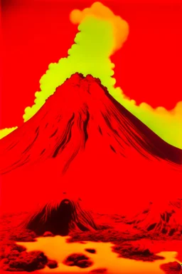 A red volcano with chaotic fire painted by Andy Warhol