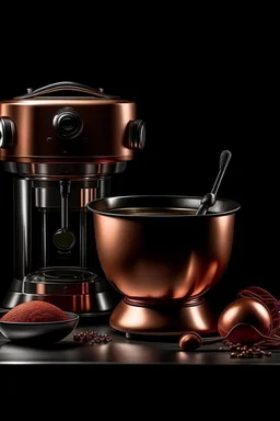 Please produce a photo of an electric mixer inspired by copper, which is a new photo and for the cover of a poster, please be kitchen appliances. The number of items should be less