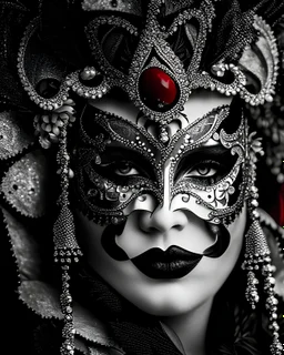 Beautiful faced red and black and white diamond ornated venetian masqued woman portrait adorned wit carnival of venice style costume adorned with Venetian headdress Black ad wite and silver colour metallic filigree floral embossed qth mineral stones ribbed, masquerade background bokeh
