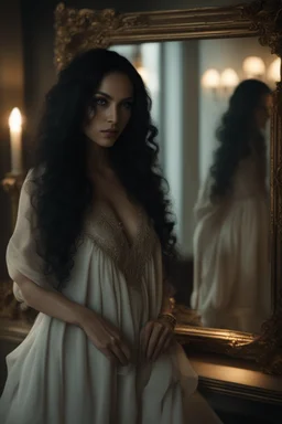 Close up of a beautiful woman with long curly black hair standing in front of a mirror, she doesn't see, but her reflection in the mirror is a dark demon with intense scary eyes looking back at her. Super realistic, 8k high quality